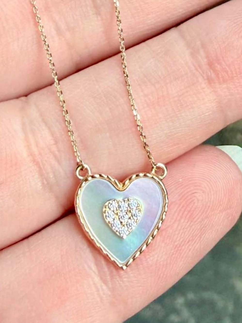 New 14K Solid Gold necklace solid 14k gold heart natural pearl diamond necklace